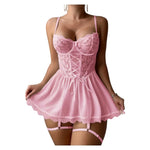 Lace Open Bra Underwear Set Lace UpLingerie Transparent Deep V Bra Baby Doll Dress Women EroticMesh Garter Underwear Sets
