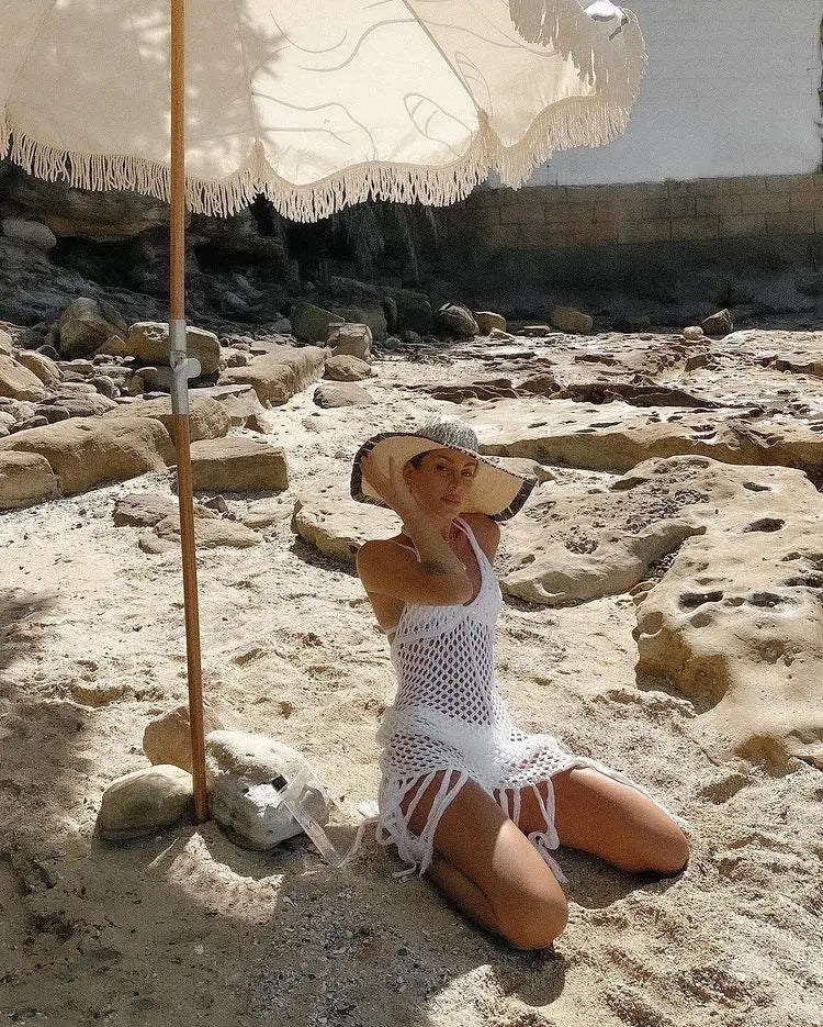 Crochet White Knitted Beach Cover Up Dress Tunic Long Pareos Bikinis Cover Ups Swim Cover Up Robe Plage Beachwear