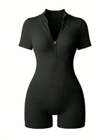 Women's Solid Color Half Zip Ribbed Knit Short Sleeve Romper Sports Soft Slim Fit Mock Neck Jumpsuit Streetwear 2025 Summer