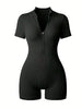 Women's Solid Color Half Zip Ribbed Knit Short Sleeve Romper Sports Soft Slim Fit Mock Neck Jumpsuit Streetwear 2025 Summer test
