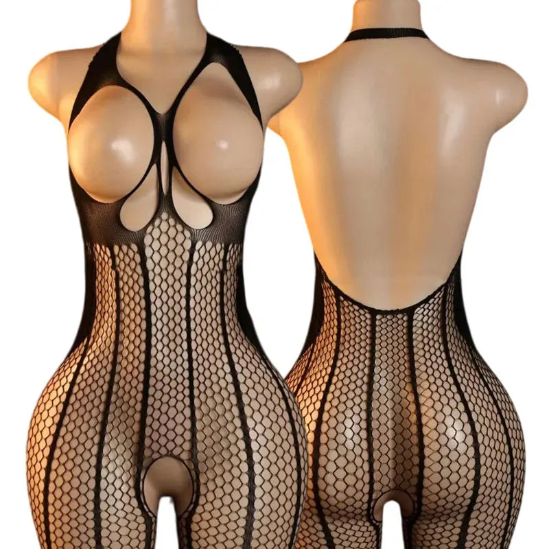Hanging Neck Bodystockings Erotic Crotchless Lingerie Women FishnetAdult See Through Bodysuit Open Bra Porn Desire Underwear