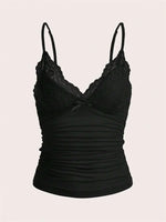 Sexy Contrast Lace Bow Front Crop Cami Top Women 2024 Summer Grunge Punk Y2K Clothes Ruched Skinny Backless Tee Shirt