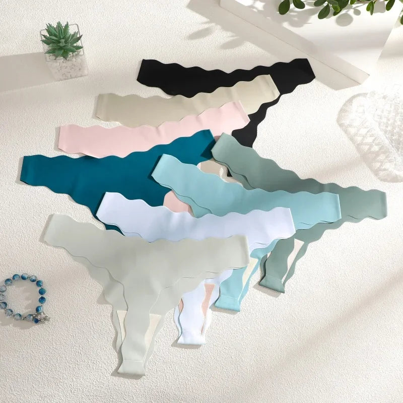 4Pcs Women Seamless Panties Wavy Design Ultra-thin Thongs Women Ice Silk Underwear Sexy Panty Low Waist G-string Female Solid