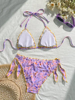 Cute Orange Floral Print Bikini Set Women Halter Ruffles Push Up Tie Side Thong Swimsuit 2026 Summer Bathing Suit Micro Swimwear