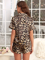 Summer Leopard Print Two Piece Pajama Set Short Sleeve Top and Shorts Sets Women's Sleepwear Home Casual Satin Loungewear