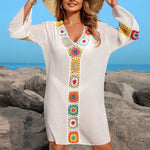 Hand Crochet Multicolour Flower Block Beachwear Cover Up Beach Vacation Casual See-Through Midi Dress Breathable Sunscreen Smock