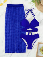 Sexy White 3 Pieces Skirt Bikinis Set Women Black Push Up Criss Cross Underwire Swimsuit 2025 Lace Cover-ups High Waist Swimwear