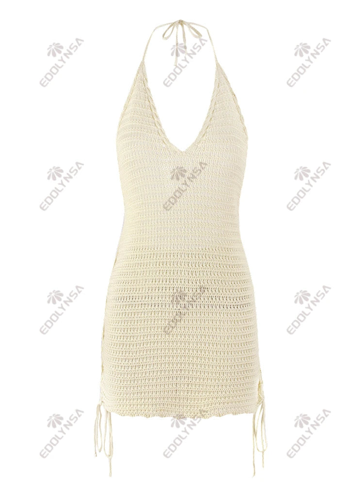 Solid Knit Halter V-neck Side Cross Straps Slim Beach Mini Dress 2026 Women Crochet Beach Swimsuit Cover Up Vacation Outfit K104