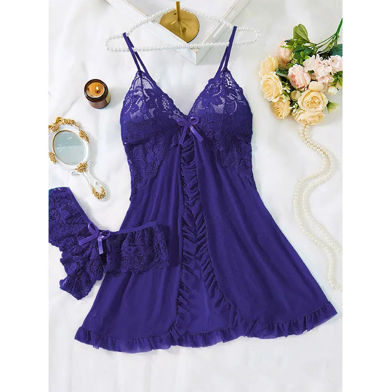 Sexy Women Lace Lingerie Set, Transparent Pink Lace Camisole & Panties Suit, Sexy Romantic Night V-Neck Temptation Hot Sleepwear