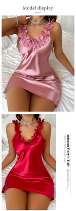 Summer Contrast Sensual Lace Silk Satin Nightdress for Women Nightgown Deep V Backless Split Slip Sleep Dress Pajamas