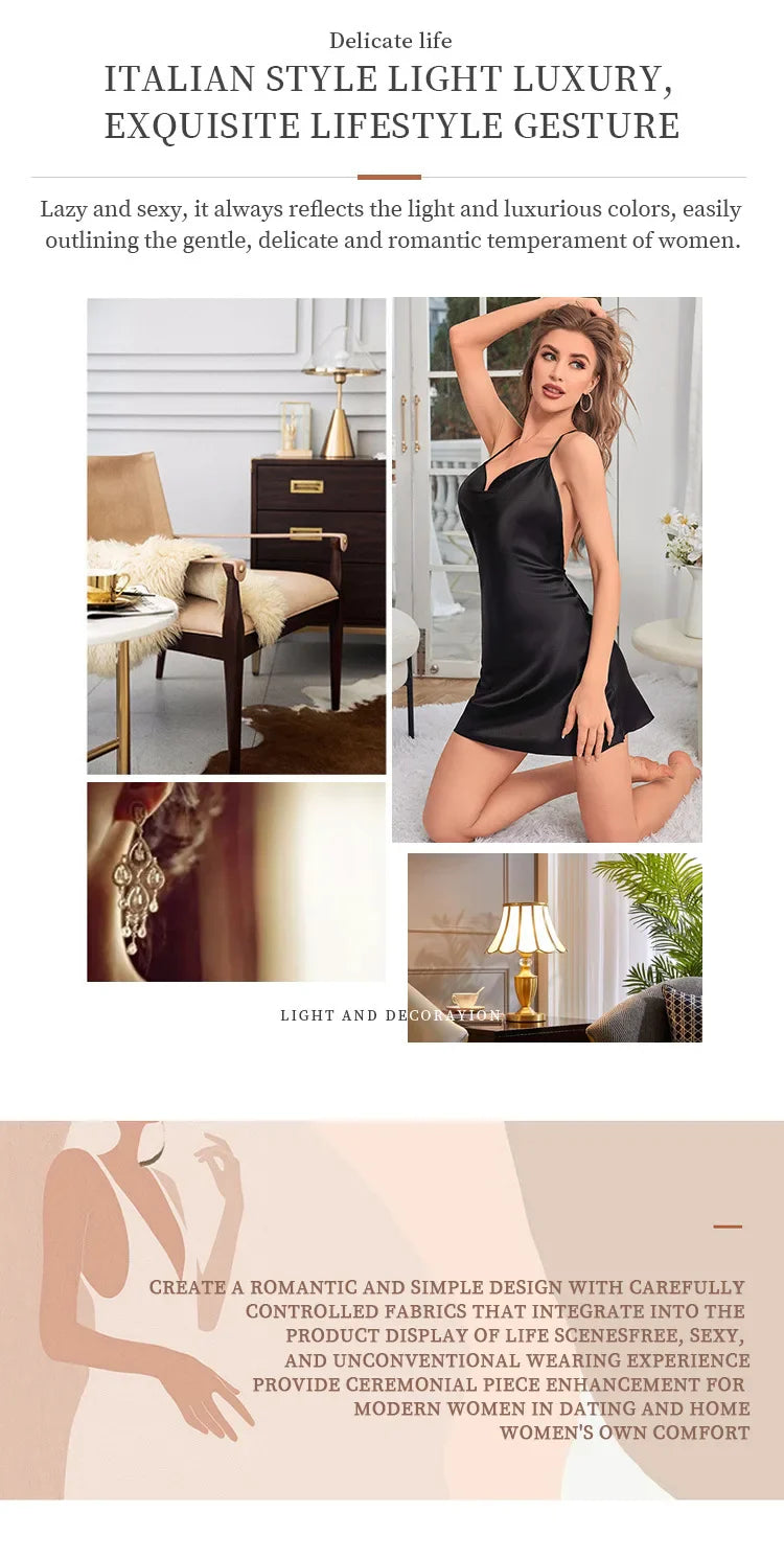 Sexy Short Backless Suspender Skirt Summer Ice Silk Thin Dress Women's Solid Color V-neck Home Nightgown Sleepwear Pjs Set