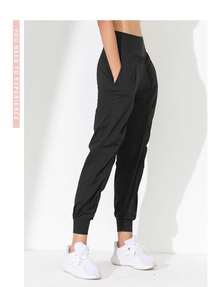 Hearuisavy Yoga Pants Loose Slim Quick-Dry Yoga Pants Pleated Hem Bound Running Fitness Capris Pockets Jogging Pants Woman