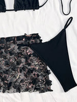 Shiny Sequin Pink Mesh Skirt 3 Piece Bikini Set Women Push Up Bra Thong Swimsuit Brazilian Beach Bathing Suit Holiday Swimwear