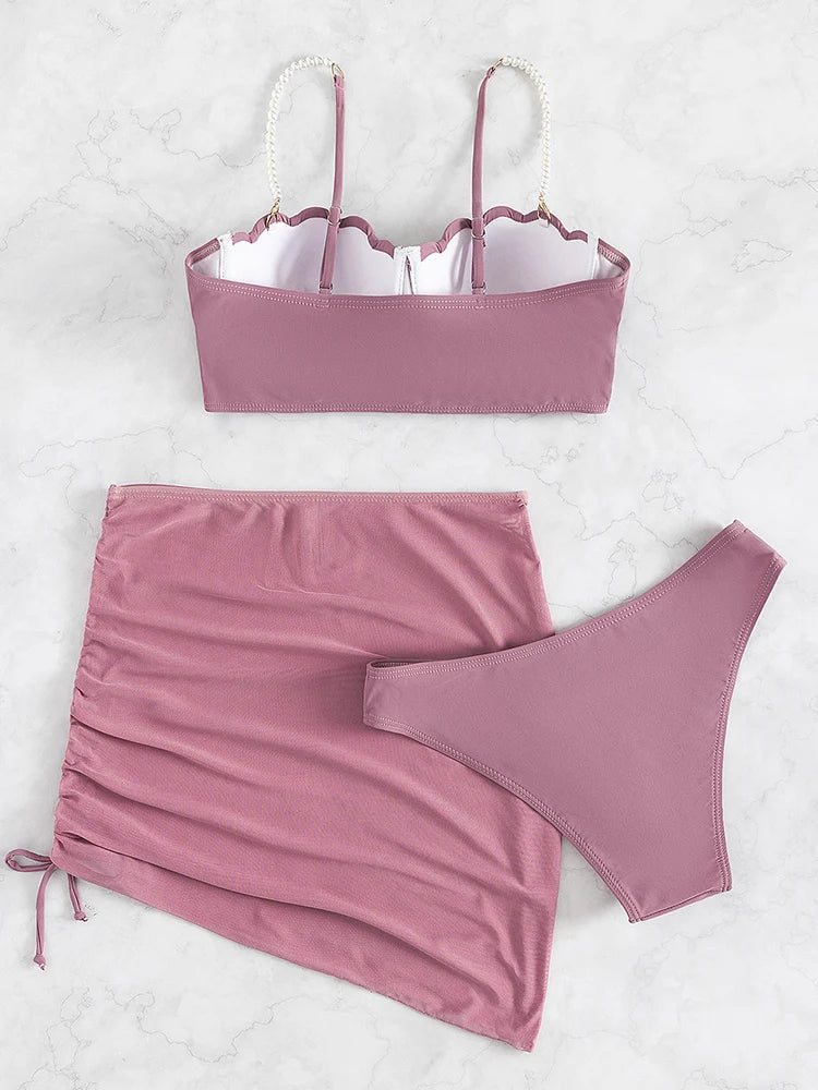 2024 New Sexy 3 Piece Bikinis Set Women Swimsuit with Skirt Swimwear Female Push Up Bikini Beachwear Faux Pearl Bathing Suit