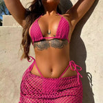 2026 Summer New Sexy Hollow Out Bikini 3 Piece Set Solid Spaghetti Strap Tops + Laced Upunderpants + Skirt Swimwear Swimsuit