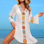 Hand Crochet Multicolour Flower Block Beachwear Cover Up Beach Vacation Casual See-Through Midi Dress Breathable Sunscreen Smock