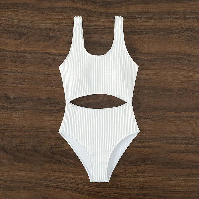 Sexy White One Piece Swimsuit Women New Hollow Out Swimwear 2024 Ribbed Bathing Suit Push Up Monokini Beach Swimming Suit Summer