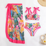 Vintage Green Leaves Print Bikini Set 2026 Women Tie Strap Push Up Underwire Long Skirt 3 Piece Swimsuit Bathing Suit Swimwear