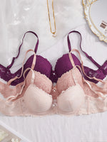 3PCS Lace Trim Women's underwear set Underwire Push up Bra for Women Bow & Rhinestone Comfort Daily Lingerie Set A B C Cup