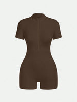 Women's Solid Color Half Zip Ribbed Knit Short Sleeve Romper Sports Soft Slim Fit Mock Neck Jumpsuit Streetwear 2025 Summer
