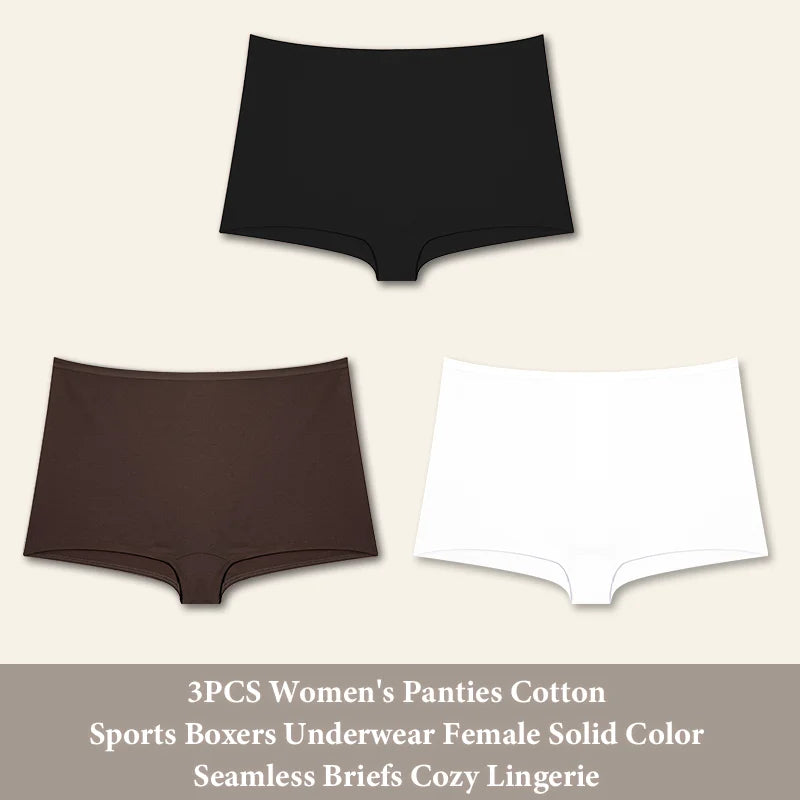 3PCS Women's Panties Cotton Seamless Sports Boxers Underwear Female Solid Color Briefs Cozy Lingerie Intimate Underpants XS-XL
