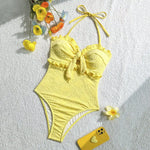 Vintage Front Bow One Pice Swimsuit 2026 Women Sexy Yellow Ruffles Push Up Slim Fit Tummy Control Swimwear Holiday Bathing Suits