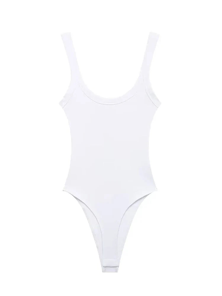 Women's Skinny Ribbed O-Neck Bodysuits with Straps Snap-Button Sexy Fashion Playsuits Comfortable Stretchy Female Clothing