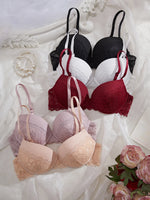 3Pcs-5Pcs Women's Bra with Patterned Engraved Cups, Sexy Lace Minimizer Bra, Underwire Push-Up Fashionable Women's Intimate Underwear