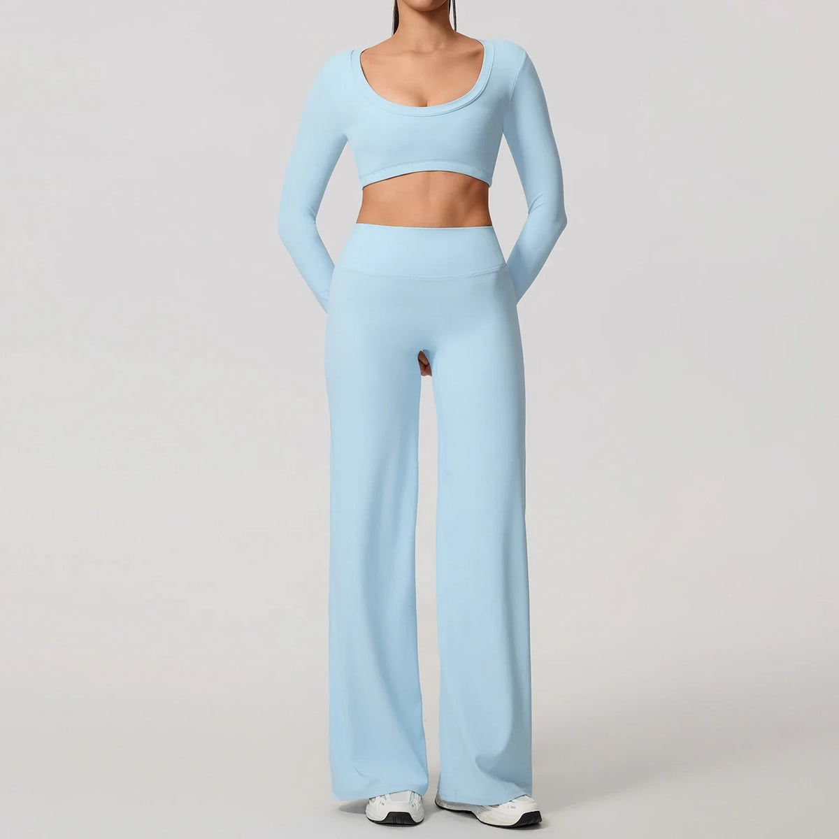 Hearuisavy Sports Set 2Pcs Women'sLong Sleeve Backless Fitted Fitness Top Push Up Pilates Yoga Top Wide Leg Straight Leg Pants