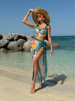 Vintage Green Leaves Print Bikini Set 2026 Women Tie Strap Push Up Underwire Long Skirt 3 Piece Swimsuit Bathing Suit Swimwear
