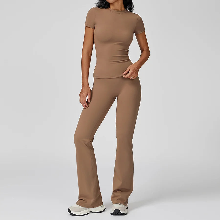 New Yoga Set Two Piece Women Short Sleeve Top with High Waist Leggings Seamless Workout Clothes Patchwork Sport Fitness Gym Sets
