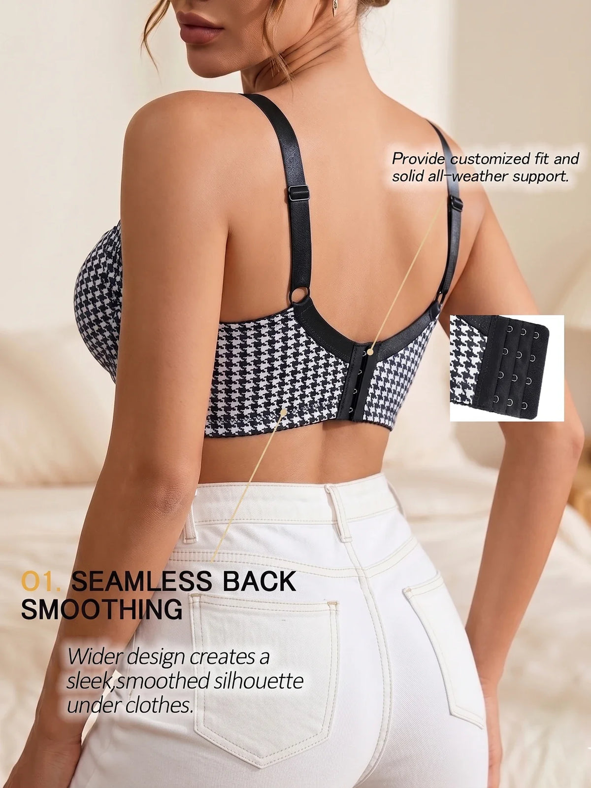 Women's Houndstooth Print Push-Up Bra Wide Elastic Straps Underwear Underwire Side Smoothing & Supportive Bra Women