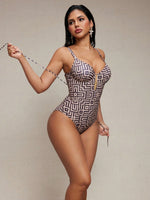 Sexy Coffee Geometry Print One Piece Swimsuit 2026 Women Underwire Push Up Bandage Back Cross Slim Fit Bathing Suit Swimwear