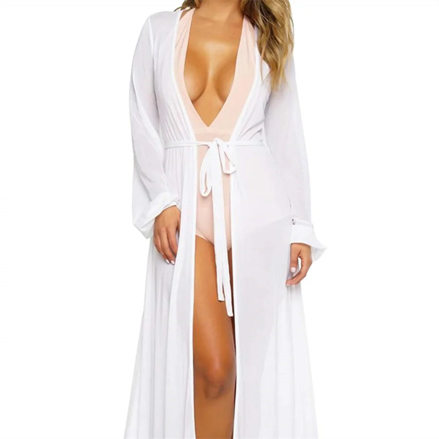 See Through Chiffon Cardigans Robes Women Bikini Cover-Ups Swimsuit Smock Long Beach Dress with Belt Sexy Bathing Suit Cover Up