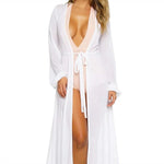 See Through Chiffon Cardigans Robes Women Bikini Cover-Ups Swimsuit Smock Long Beach Dress with Belt Sexy Bathing Suit Cover Up