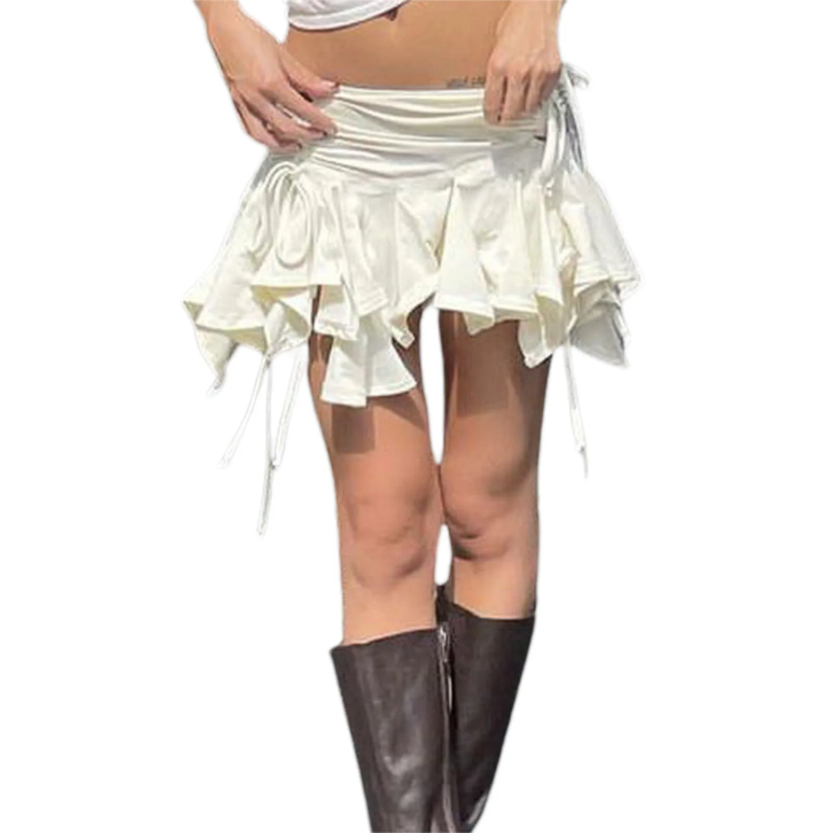 Women Solid Color Gothic Punk Irregular Skirts Summer Fashion Drawstring Tie-Up Ruched Ruffles Mini SkirtBlack/White