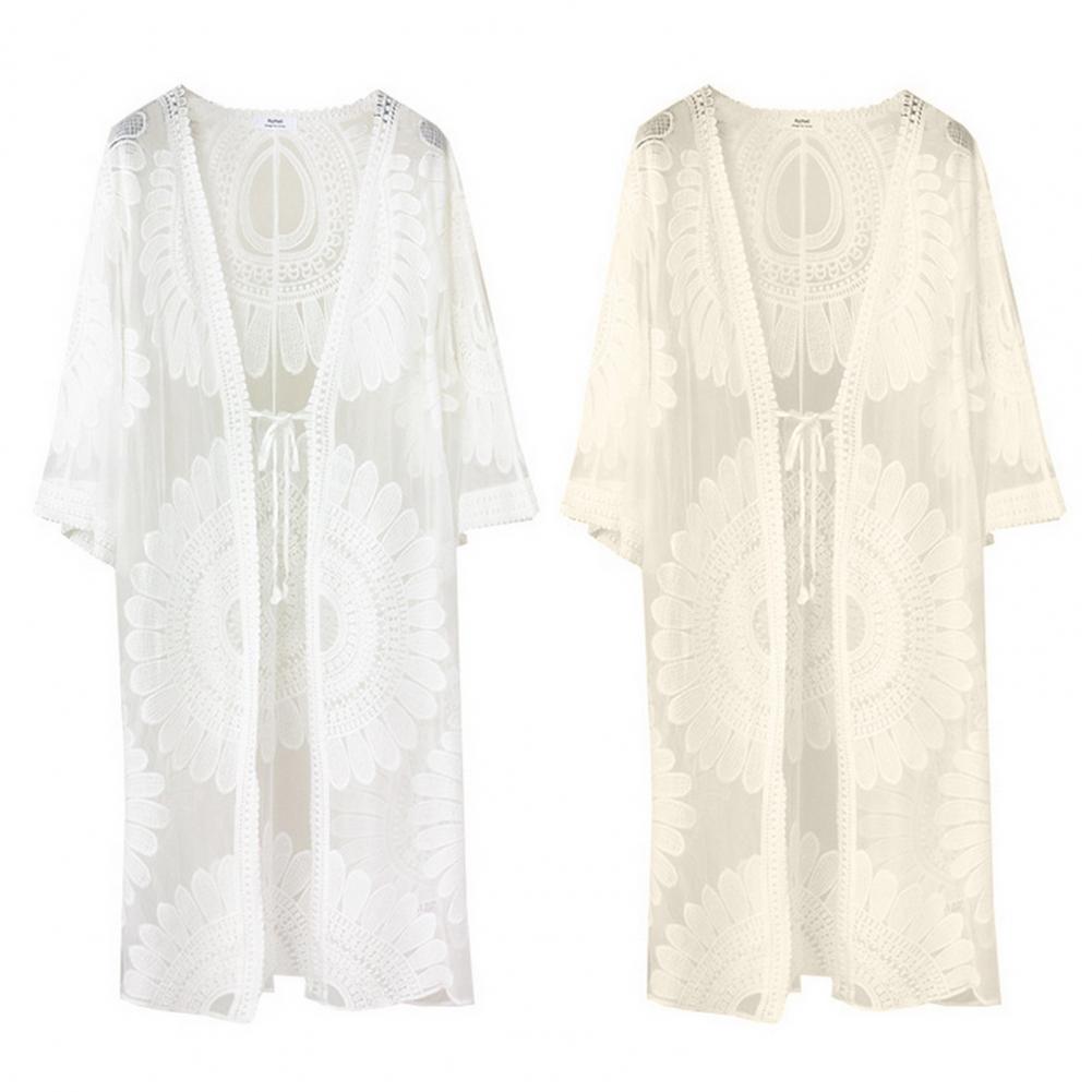One SizeSexy Lace Up Summer Beach Cover Up Solid Color Women Beach Dress Flower Embroidery Women Clothes