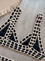 Sexy Black Patchwork Hand Crochet Bikini Set Women 2026 V Neck Push Up Bra Thong Swimsuit Beach Bathing Suit Knitted Swimwear