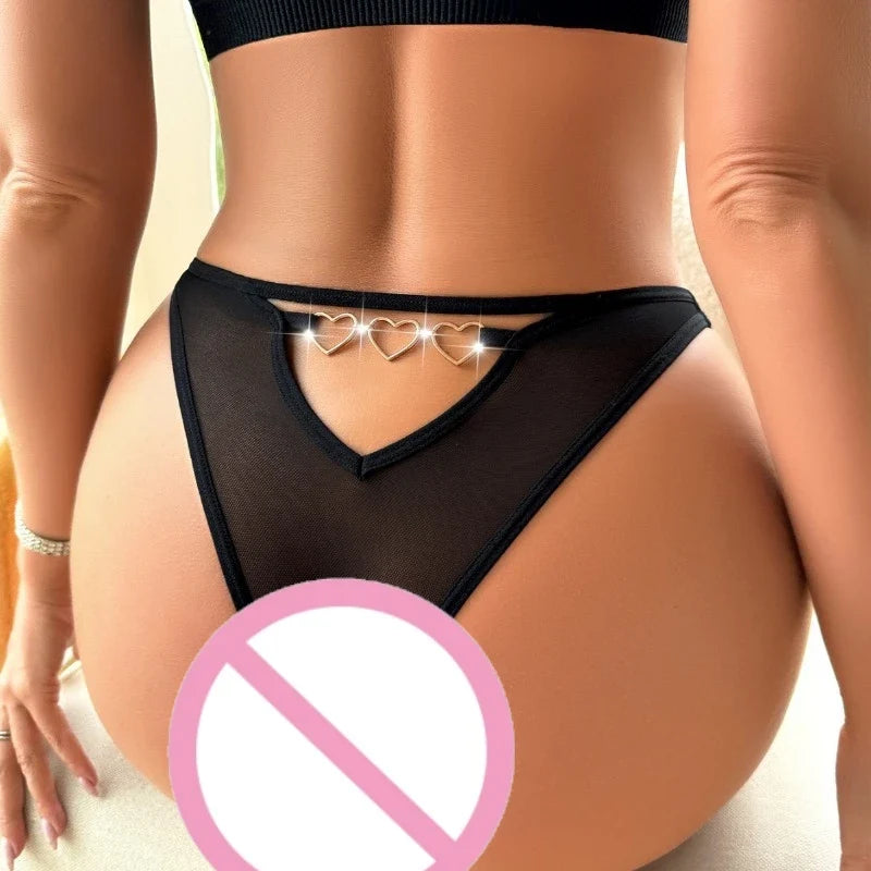 1pcs Low Rise Hollow Out Sexy Women Panties Heart Decor Elegant Black Sexy Lingerie Lady Briefs Fashion Female Underwear