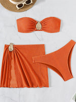 Sexy Bandeau Bikini Women Coffee Metal Water Droplet Ornament Push Up Mesh Skirt 3 Piece Swimsuit Beach Bathing Suit Swimwear