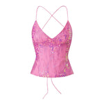 Women's Summer Deep V Neck Sequin Tank Tops Summer Fashionable Backless Sleeveless Spaghetti Strap Slim Fit Camisole