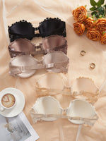 3Pcs Lace Women Strapless Bra Stylish Front Buckle Push up Bra Invisible Off-Shoulder Underwire Bras Women