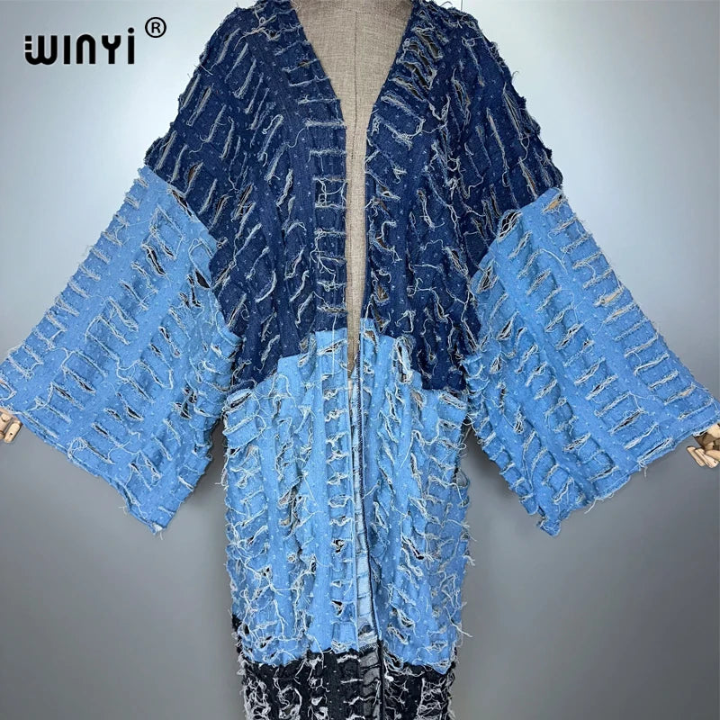 WINYI kimono Colour matching denim cardigan maxi dress beach wear cover-up abaya dubai luxury beach outfits for women kaftan