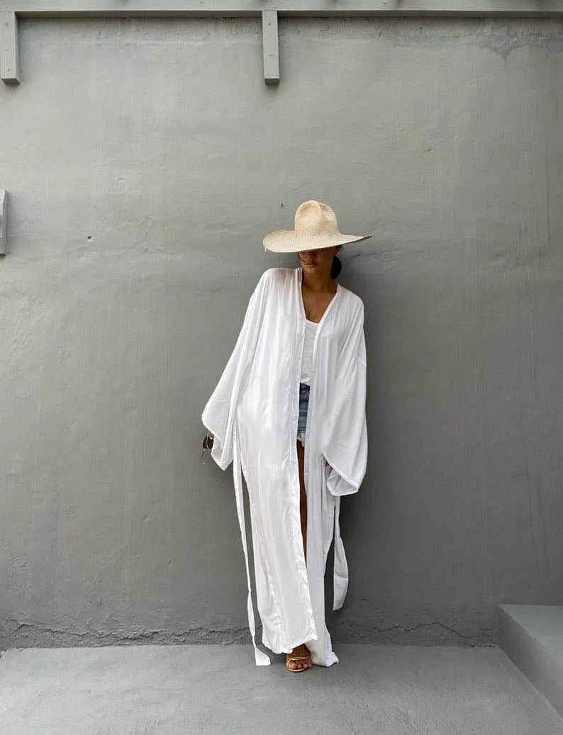 Solid Beach Cover Up Women Self Belted Wrap Kimono Dress Swimsuit 2025 New Robe Summer Beachwear Factory Supply