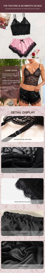 2PCS Women's Satin Pajama Set Lace Cami Top and Shorts Sexy Lingerie Sleepwear Summer Breathable Nightwear Black And Pink