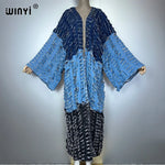WINYI kimono Colour matching denim cardigan maxi dress beach wear cover-up abaya dubai luxury beach outfits for women kaftan