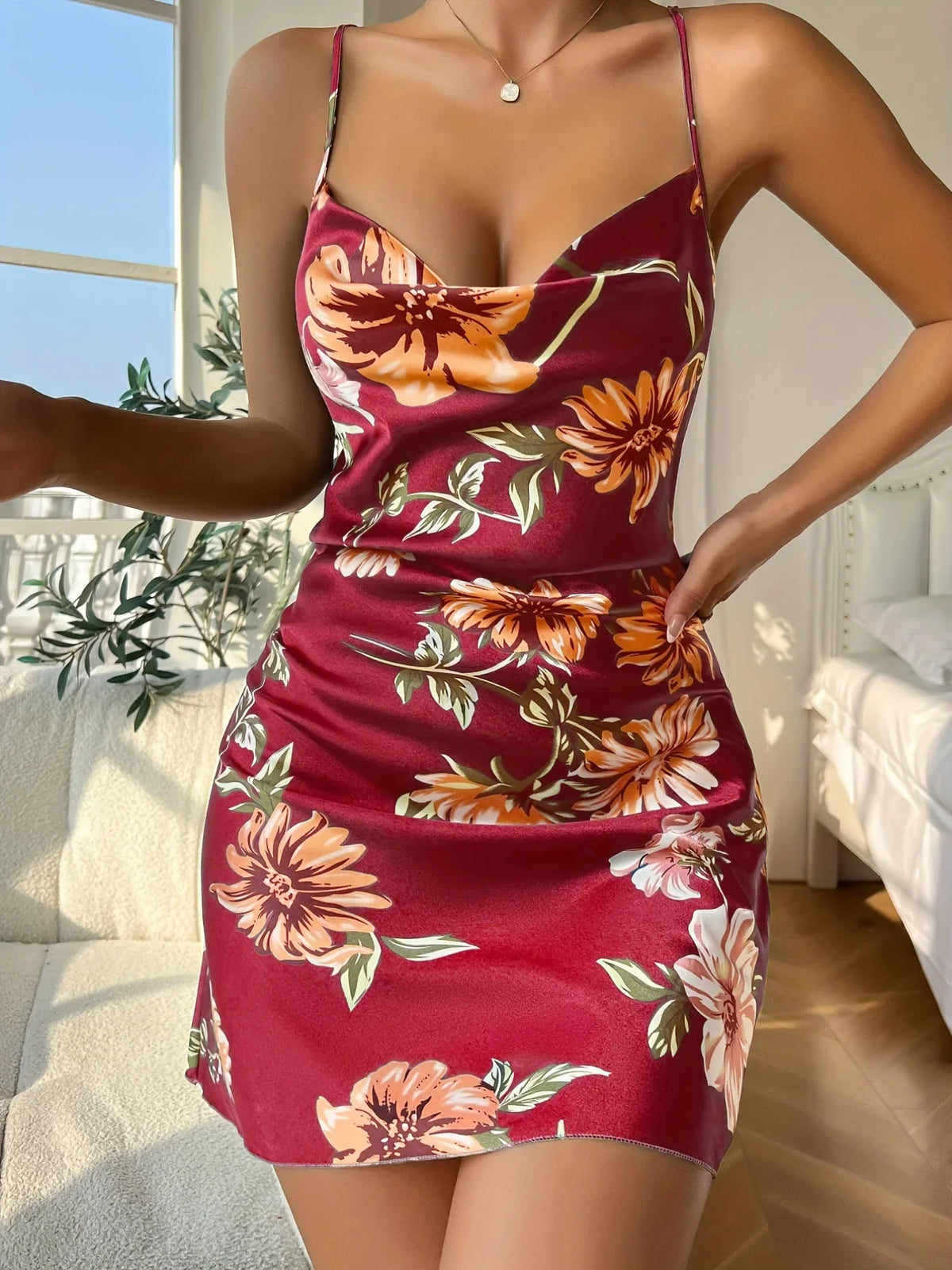 Sexy Short Backless Home Nightgown Solid Color Women's Robes V-neck Cross Suspender Skirt Simulated Silk Thin Dress for Women