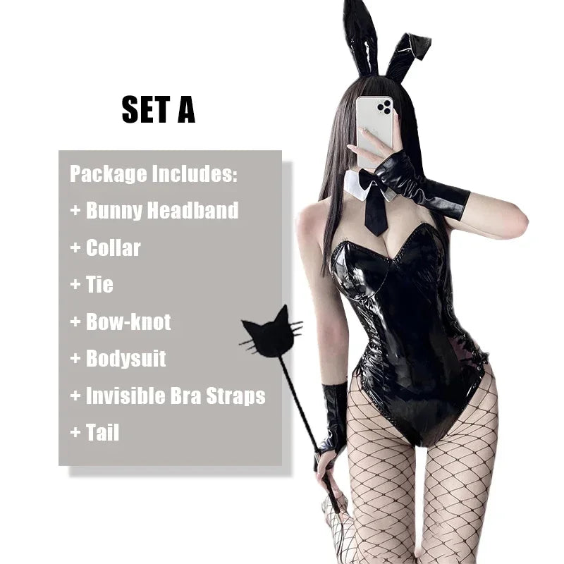 Mai Sakurajima Bunny Girl Cosplay Costume Women Sexy Lingerie PU Leather Bodysuit with Tie and Headband Set Anime Outfit