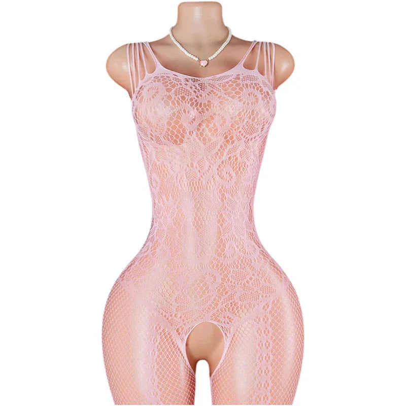 Pink Sexy Lingerie Mesh Bodystockings Teddy Crotchless Fishnet Hollow Open Bra Underwear Erotic Clothing Sexy Lace Bodysuit