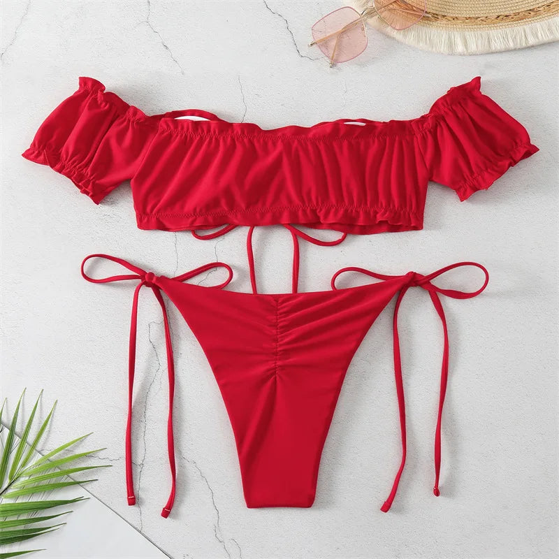 Sexy String Bikini 2024 Red Off Shoulder Swimsuit Female Swimwear Women Thong Bikinis Set Bather Swimming Beachwear Bathing Suit